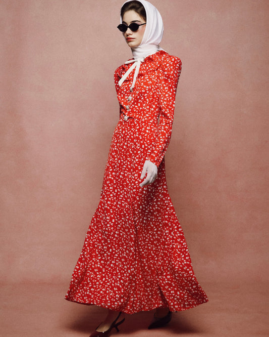 MAIZEL RED LONG SLEEVED FLORAL DRESS