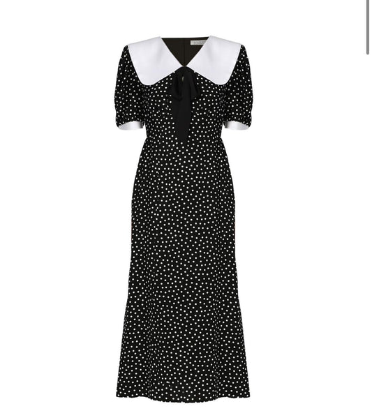 BLACK DRESS WITH WHITE POLKA DOTS